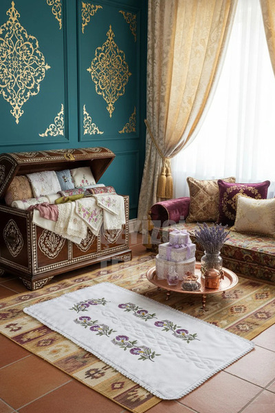 Çt Çeyizci Tekstil Cross-Stitch Carnation Embroidered Etamine Fabric Single Prayer Rug