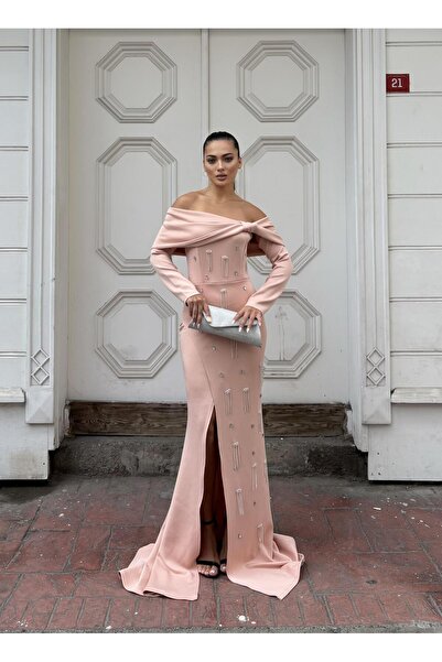 Modafeminen Ελαστικό ύφασμα Scuba με φιόγκο Öntaş Λεπτομερές άνοιγμα Μακρύ βρ...