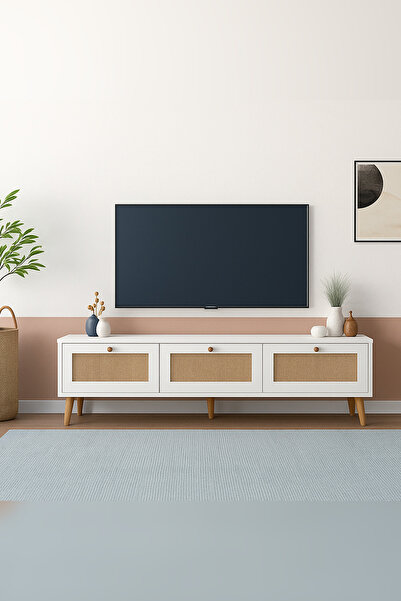 Onouqo Terra Beyaz 180cm İskandinav Jüt Kumaşlı %100 Mdf Tv Ünitesi, Tv Sehpası, Konsol, G180xY52xD37