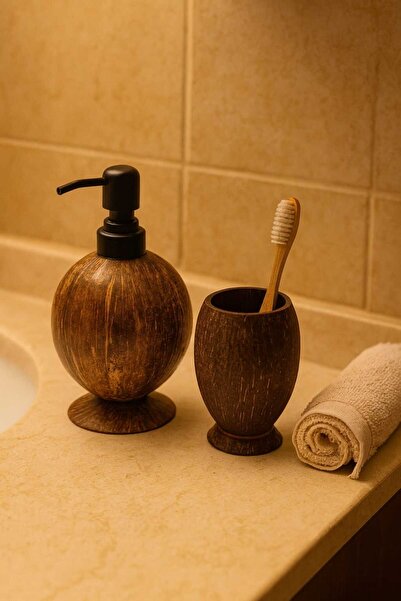Tasarım Doğal Hindistan Cevizi Banyo Seti – El Yapımı Sıvı Sabunluk & Diş Fırçalık