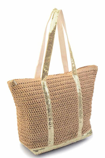 FASHION COCKTAIL Ορθογώνια διχτυωτή εισαγόμενη τσάντα για διακοπές στην παραλία με παγιέτες, φερμουάρ και τσέπες