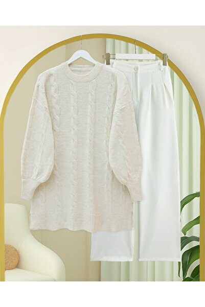 Modamorfo Model de împletitură a părului Pulover tricot moale -Ecru