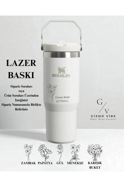 Stanley Kişiselleştirilmiş The IceFlow Flip Straw Pipetli Termos Bardak 0,89 Özel İsimli Beyaz