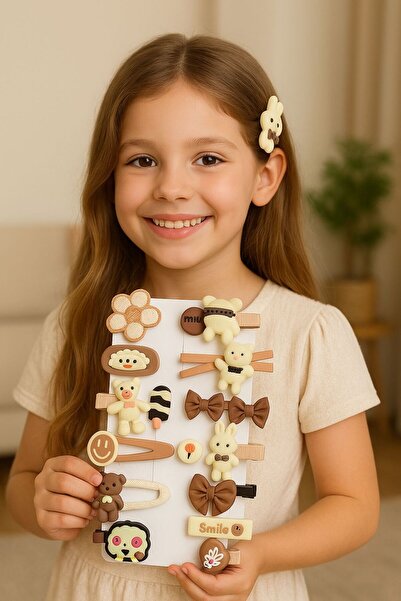 ELAS HOME Set de agrafe de păr pentru fete, maro crem – model drăguț cu fundă și figurină și ursuleț” Set de 14