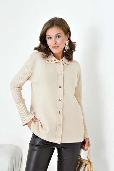 FTZ WOMEN Women's Bird's Eye Detailed Knitwear Shirt Beige 20820