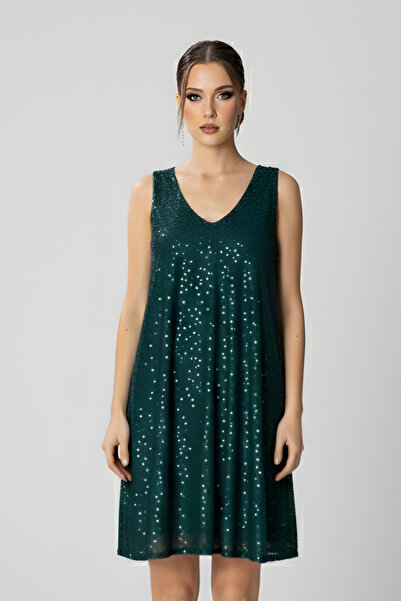 HOX'S Jasmin | Payetli V Yaka Kolsuz Sırt Dekolteli Dizüstü Hamile Abiye Elbise - Zümrüt Yeşili