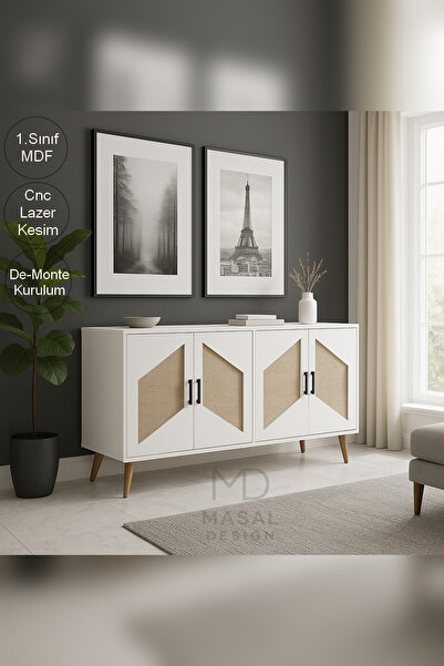 Onouqo Haven Beyaz 160cm İskandinav Jüt Kumaşlı %100 Mdf Konsol, Tv Ünitesi, Tv Sehpası G160xY85xD37