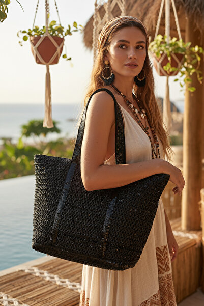 FASHION COCKTAIL Pullu Payetli Şerit Askılı Fermuarlı Astarlı Cepli Dikdörtgen Örgü Tatil Plaj Hasır Çanta