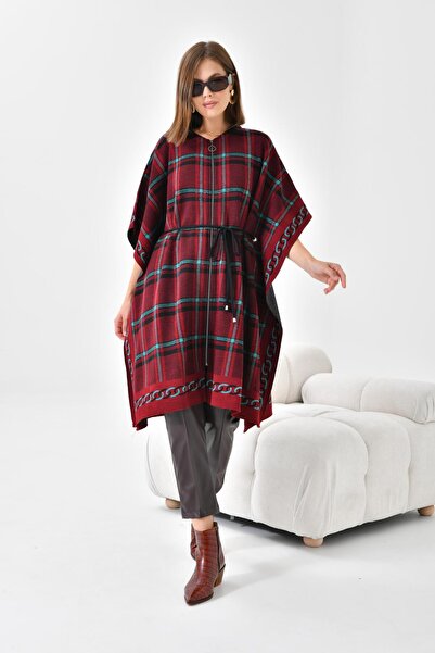 FTZ WOMEN Women's Plaid Detail Poncho Claret Red 21-1116