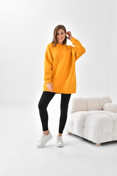 FTZ WOMEN Kadın Oversize 3 İp Şardonlu Sweatshirt Hardal 10001
