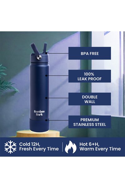 Bamboo Bark 750 ML Insulated Water Bottle with Sipper Lid – Double Wall Vacuum Flask for Hot & Cold