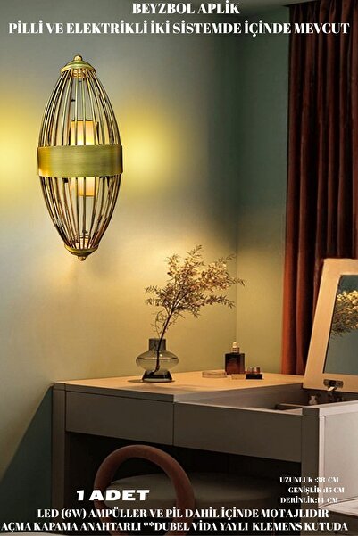 nazarium Beyzbol Aplik Eskitme, Pilli Aplik, Anahtarlı, Pilli Elektrikli Ledli Duvar Aplik,eskitme renk