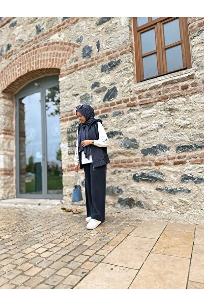 BZ BUTİK Sweat Quilted Vest with Stone Sleeves, Wide Pants, 3-Piece Set