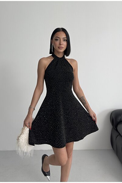 ALFUDO Moda Collection Parıltılı Taş Baskılı Mini Siyah Abiye Elbise