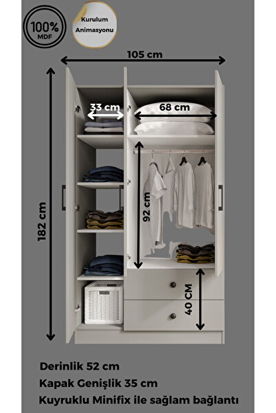 CABİNSE %100 MDF  ELBİSE DOLABI 3 Kapaklı 2 Çekmeceli 7 Raflı GARDIROP -LEFKA...