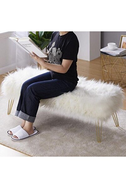 Zem Şila Bench Beyaz Peluş - Gold Ayaklı 90 Cm