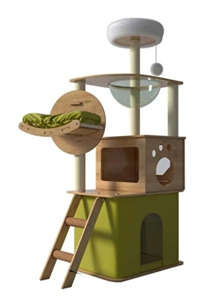 Golden cat Cat tree, Transparent space capsule, Plush jumping platform, Green cotton pad, - 55cm x 40cm x 150cm