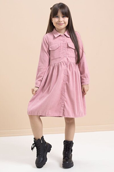 Cansın Mini Gülkurusu Kız Çocuk Cep Detaylı Kadife Desenli Elbise 21549