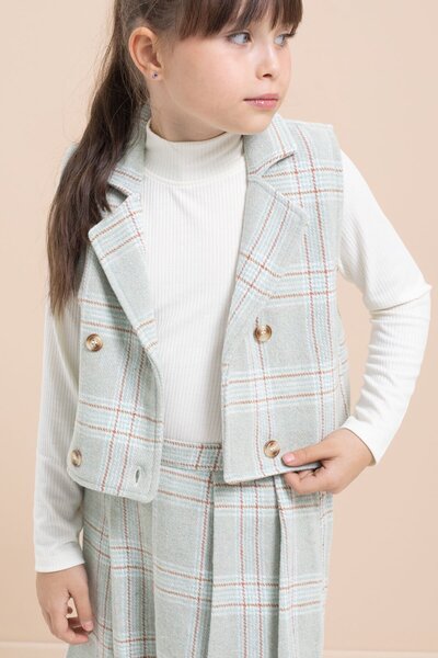 Cansın Mini Mint Plaid Patterned Button Detailed Jacket Girl's 2 Piece Set 21542
