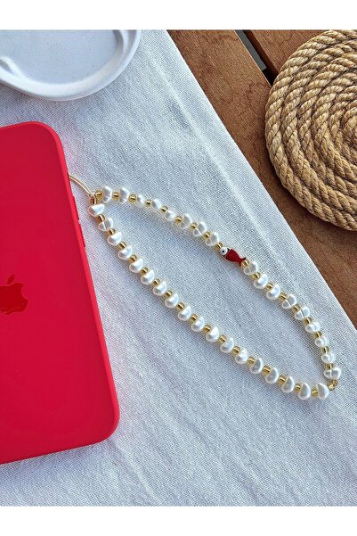 PEONY peonyofficiall Kırmızı Mineli Balık Detaylı Inci Detaylı Telefon Charmı Telefon Ipi