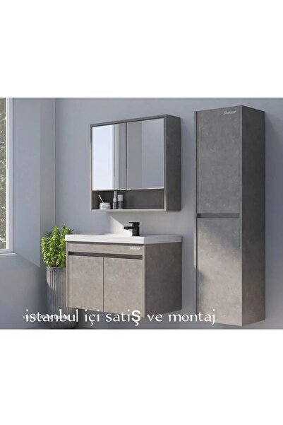 Genel Markalar 80 Cm Retro Gümüş Renk Mdf Banyo Dolabi Takimi Ucretsiz Montaj