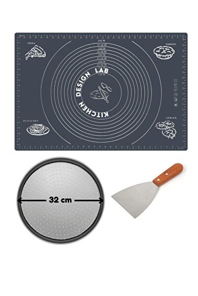 Atlas Mutfak Gri Hamur Açma Matı 45 X 65 Cm, 32 Cm Pizza Tepsisi Ve Ahşap Uzu...