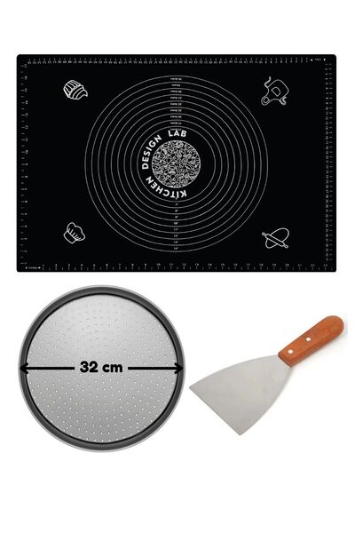 Atlas Mutfak Siyah Hamur Açma Matı 45 X 65 Cm, 32 Cm Pizza Tepsisi Ve Ahşap U...