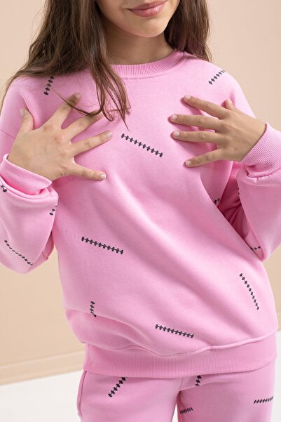 Cansın Mini Ροζ κοριτσίστικο σετ φόρμας με 3 κλωστές με φαρδύ πόδι 22643