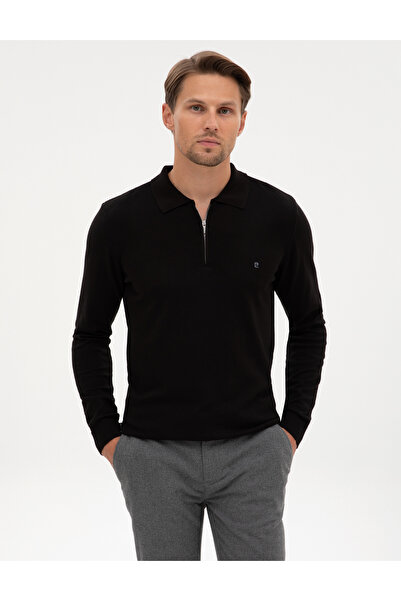 Pierre Cardin Siyah Slim Fit Polo Yaka Fermuarlı Basic Triko Kazak 50314191-VR046