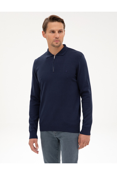 Pierre Cardin Light Navy Blue Slim Fit Polo Neck Zippered Basic Knitwear Sweater 50314191-Vr059