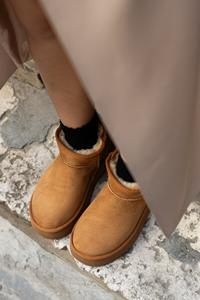 DESPİNA KELY Kadın Kahverengi Süet Kalın Taban İçi Kürklü Mini Rahat Taban Kadın Bot