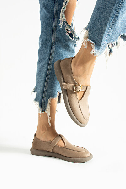 DESPİNA Kadın Vizon Süet Saraç Detay Tokalı Loafer Ayakkabı – Rahat ve Şık Günlük Kullanım