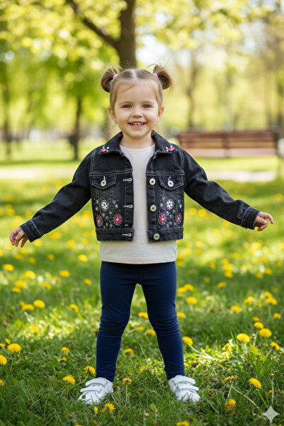 EYMİRGİYİM Kız Çocuk Taşlı Boncuklu Çiçekli Kısa Kot Ceket 2 Yaş,3 Yaş,4 Yaş,...