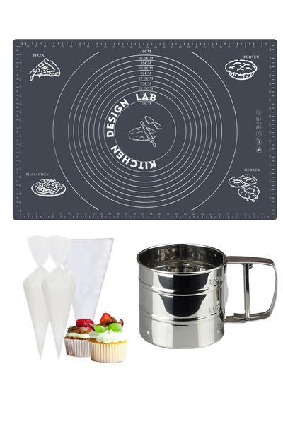 Kitchen Design Lab Gri 45x65 Cm Silikon Hamur Açma Matı, Çelik Un Eleği ve Ku...