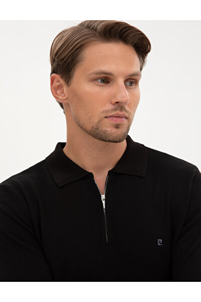 Pierre Cardin Siyah Slim Fit Polo Yaka Fermuarlı Basic Triko Kazak 50314191-VR046