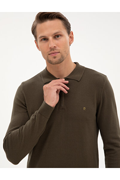 Pierre Cardin Khaki Slim Fit Polo Neck Zippered Basic Knitwear Sweater 50314191-Vr027