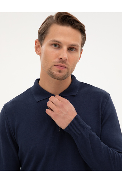 Pierre Cardin Light Navy Blue Slim Fit Polo Neck Zippered Basic Knitwear Sweater 50314191-Vr059