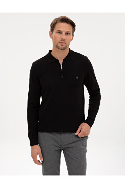 Pierre Cardin Siyah Slim Fit Polo Yaka Fermuarlı Basic Triko Kazak 50314191-VR046