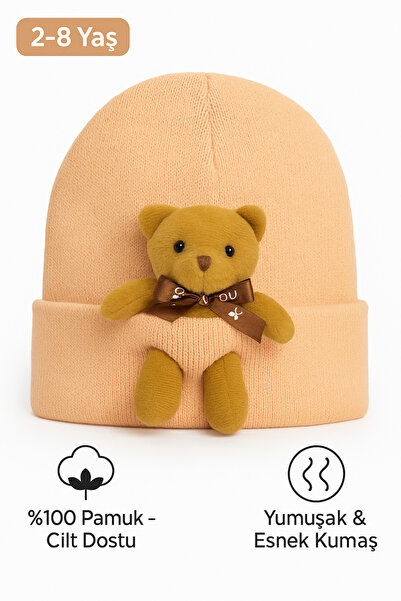 MYZİ STORE Children's Baby Black Beanie with Plush Teddy Bear