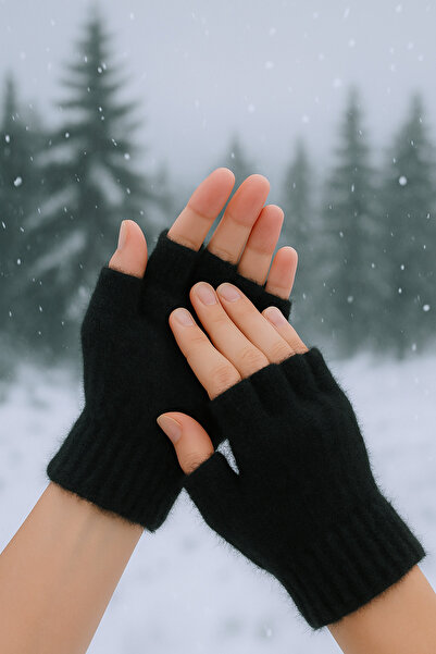 Butik Siyah Peluş Kışlık Kesik Parmak Eldiven (STANDART)