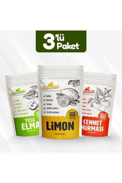 SagaFresh Dondurularak Kurutulmuş Meyve 3'lü Set 4 (Limon 20g, Cennet Hurması...