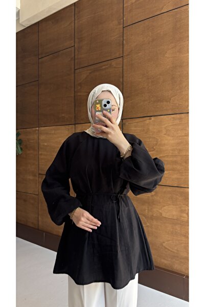 MOONSC قميص بالون كول بحزام ربط على الخصر باللون الأسود