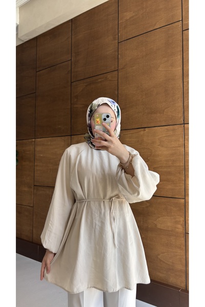 MOONSC Balloon Sleeve Belt-Attached Shirt Stone