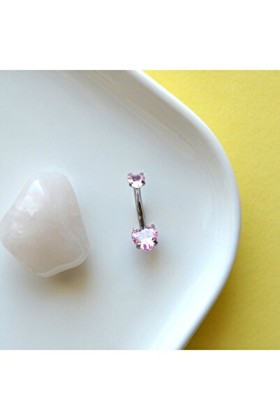Heppii 316 L Çelik Zirkon Pembe Taşlı Kalp Göbek Piercingi Taşlı Kalpli Minimal Göbek Piercingi Silver Renk