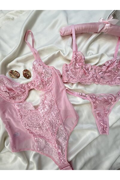 İNKO İÇ GİYİM Underwire Unlined Tulle Detailed Patterned Bra Set & Bodysuit (Bra Thong)