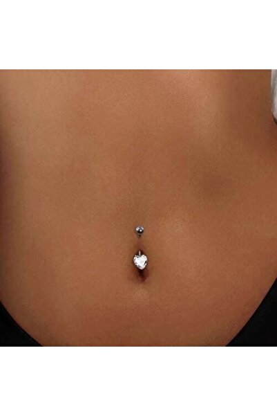 Heppii 316 L Çelik Zirkon Taşlı Kalp Göbek Piercingi Hologram Taşlı Kalpli Mi...