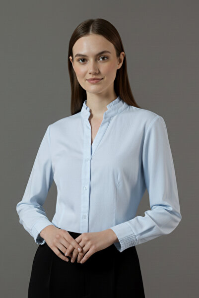 Lavenda Kadın Premium Kumaş Fırfırlı Hakim Yaka ve Gipeli Manşetli Kuplu Likr...