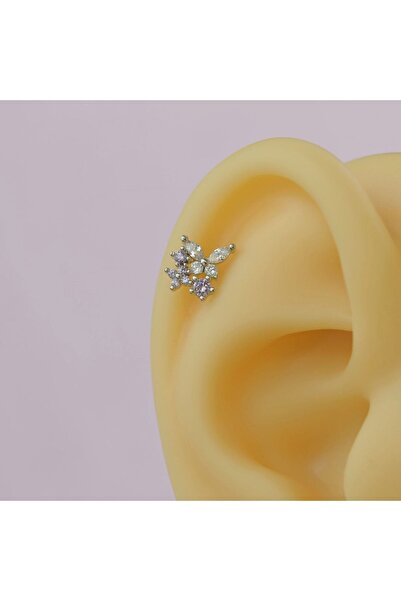 Heppii Çiçekli ve Kelebekli Mini Tragus Helix Piercing Kıkırdak Silver Renk HA