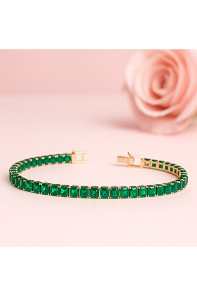 İyyaKee Zümrüt Taşlı Altın Kaplama Kare Kesim Su Yolu 316 L Çelik Bileklik