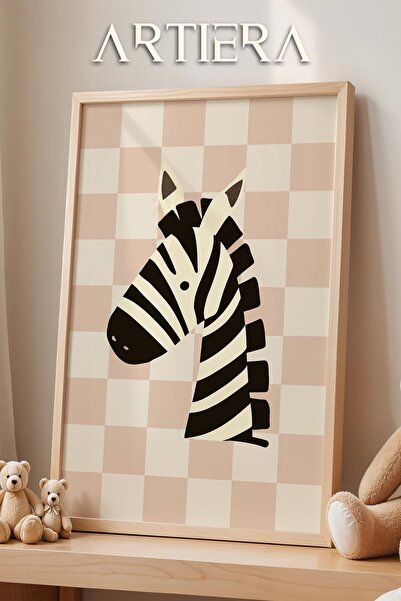 HİGUERA Zebra Cute Safari Animals Pink Checkered Background Children's Room Decoration Wooden Wall Painting